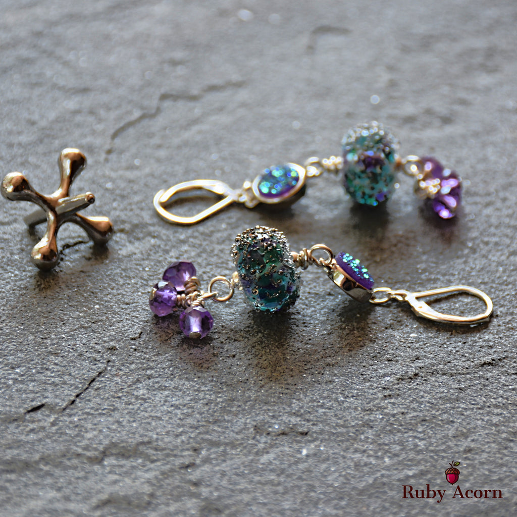 Wild Hyacinth Handmade Dangle Earrings, Blue  and Purple Artisan Lampwork Glass, Sterling Silver, Amethyst, Indigo Druzy