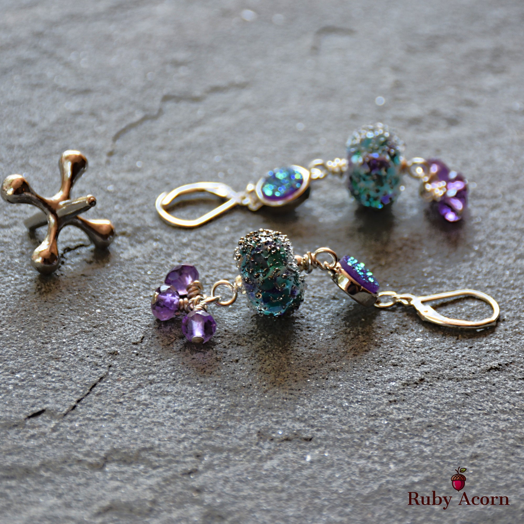 Wild Hyacinth Handmade Dangle Earrings, Blue  and Purple Artisan Lampwork Glass, Sterling Silver, Amethyst, Indigo Druzy