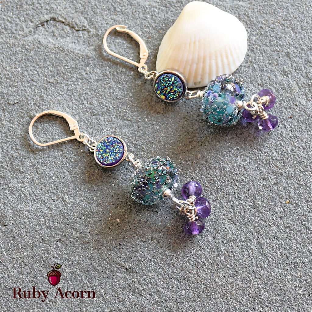 Wild Hyacinth Handmade Dangle Earrings, Blue  and Purple Artisan Lampwork Glass, Sterling Silver, Amethyst, Indigo Druzy