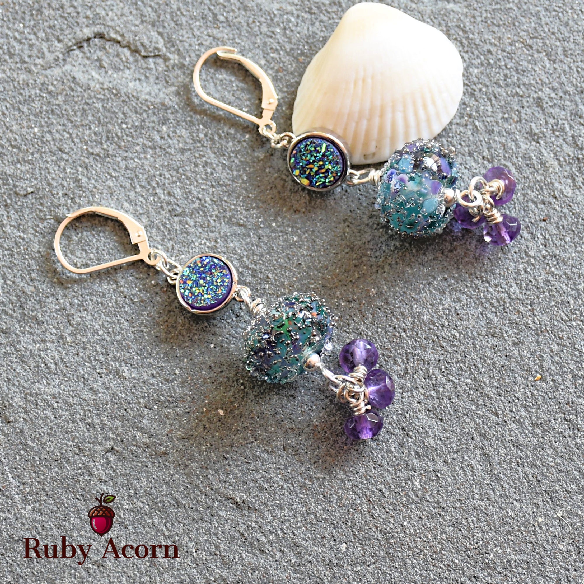 Wild Hyacinth Handmade Dangle Earrings, Blue  and Purple Artisan Lampwork Glass, Sterling Silver, Amethyst, Indigo Druzy