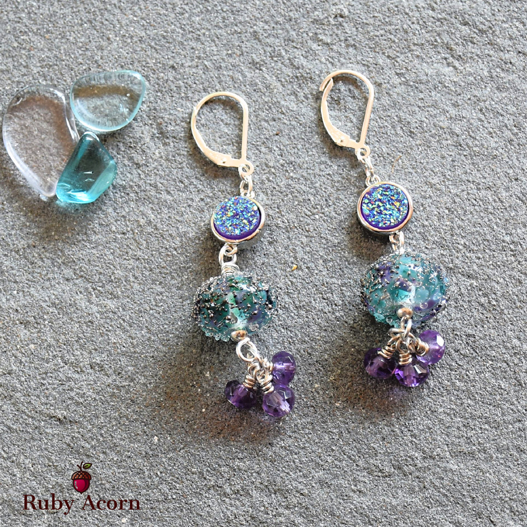 Wild Hyacinth Handmade Dangle Earrings, Blue  and Purple Artisan Lampwork Glass, Sterling Silver, Amethyst, Indigo Druzy
