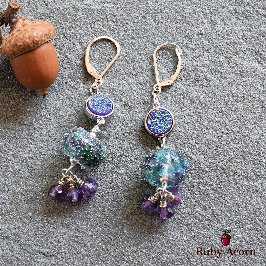 Wild Hyacinth Handmade Dangle Earrings, Blue  and Purple Artisan Lampwork Glass, Sterling Silver, Amethyst, Indigo Druzy