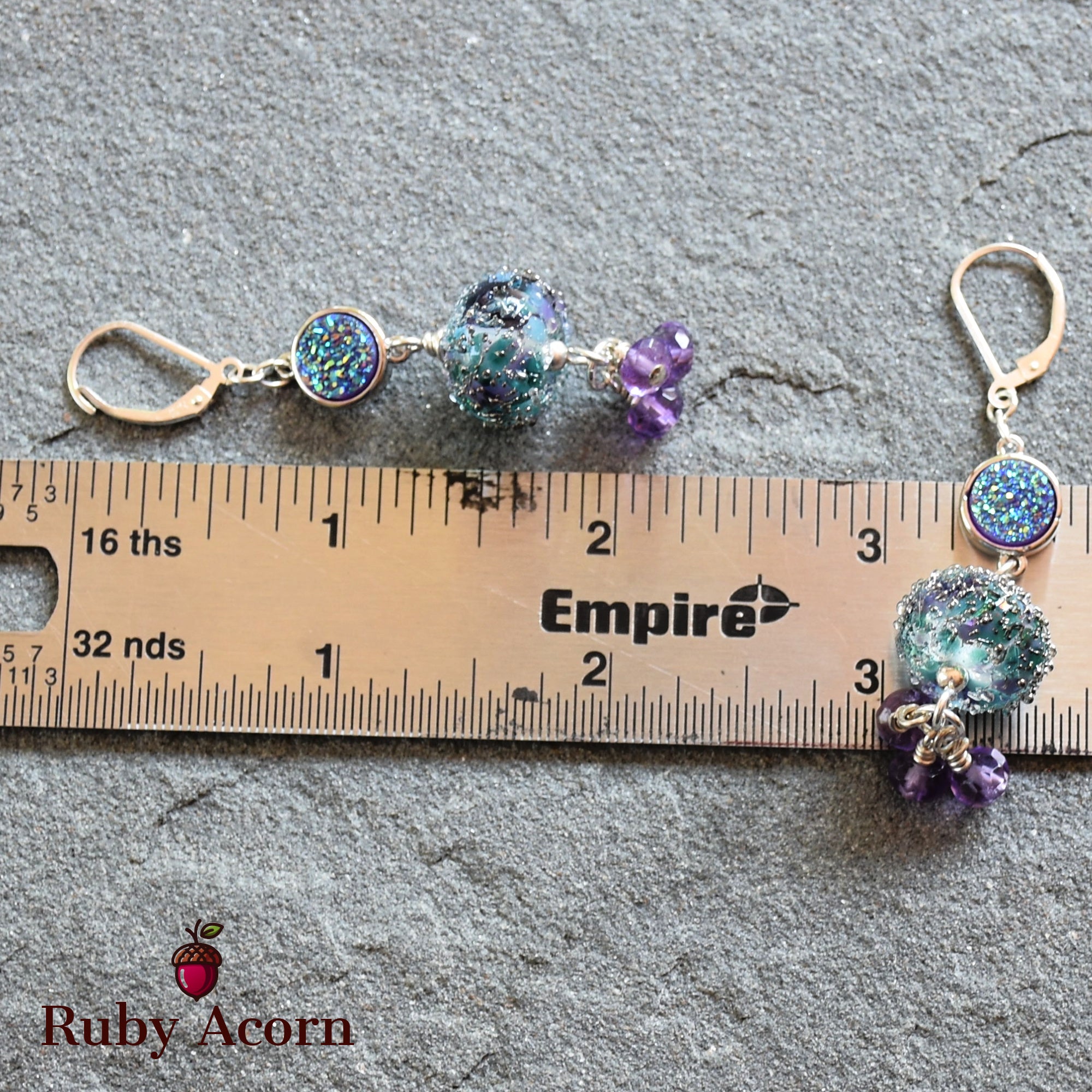 Wild Hyacinth Handmade Dangle Earrings, Blue  and Purple Artisan Lampwork Glass, Sterling Silver, Amethyst, Indigo Druzy