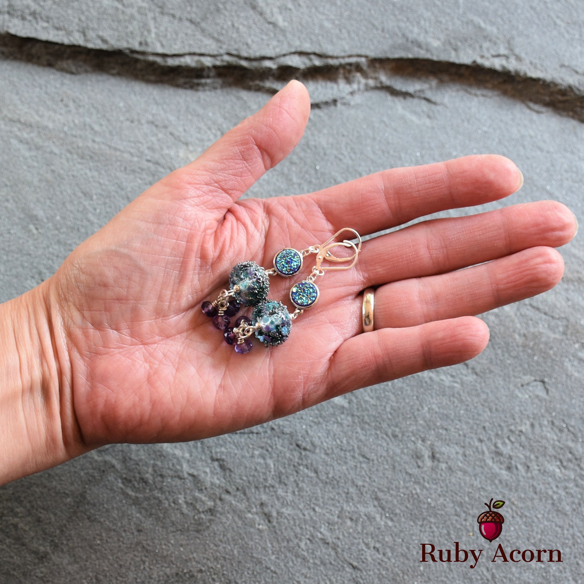 Wild Hyacinth Handmade Dangle Earrings, Blue  and Purple Artisan Lampwork Glass, Sterling Silver, Amethyst, Indigo Druzy