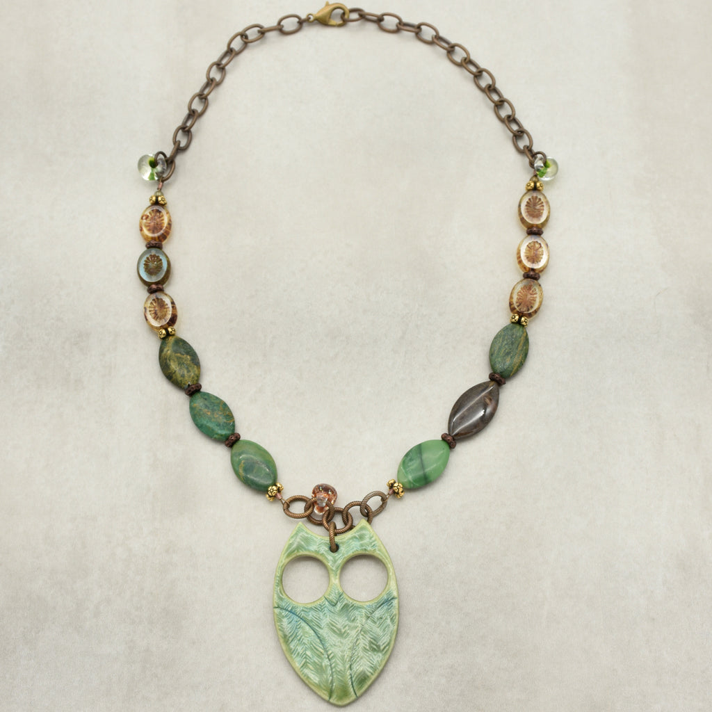 Winter Green Hoot Necklace - Handmade Artisan Porcelain Owl Antique Brass