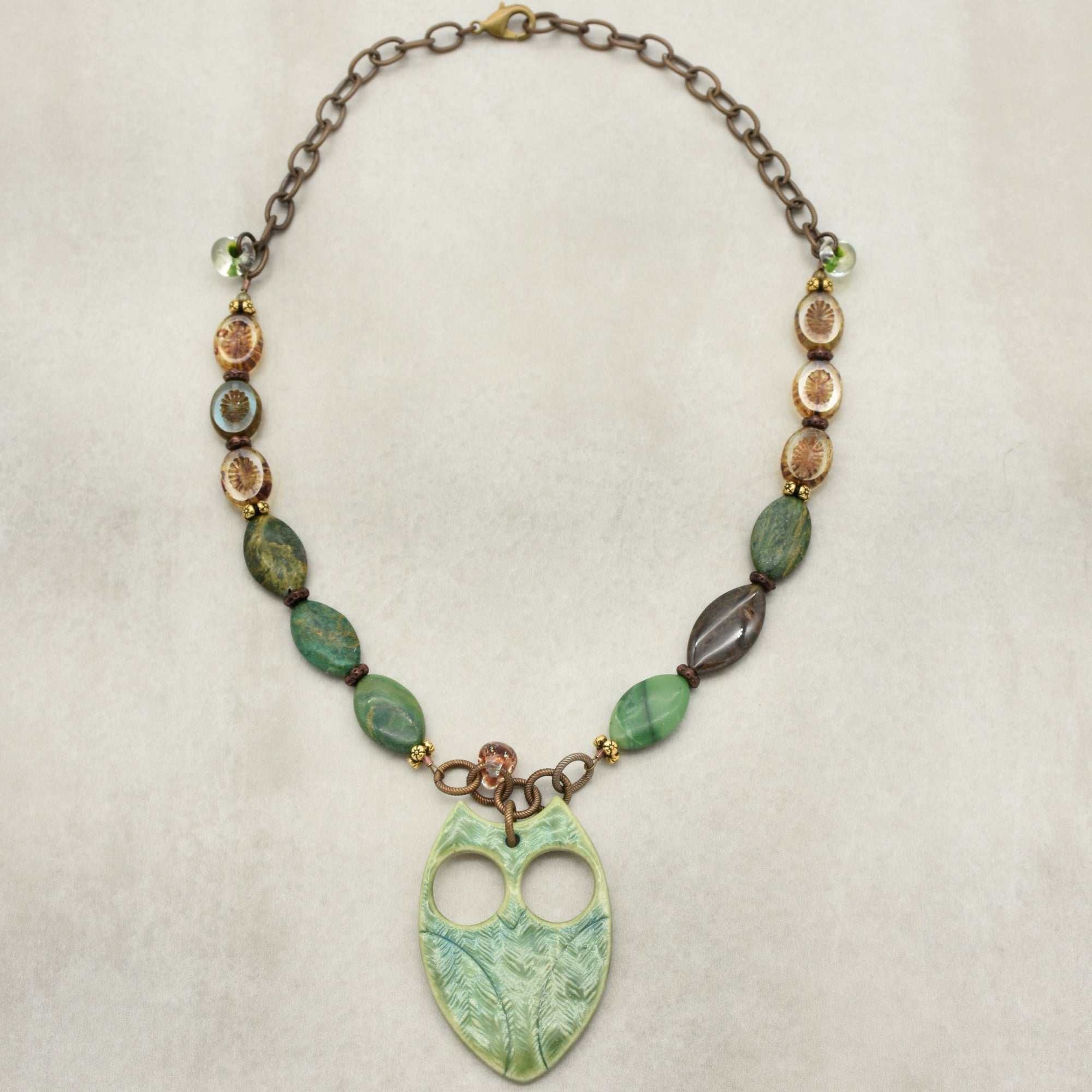 Winter Green Hoot Necklace - Handmade Artisan Porcelain Owl Antique Brass