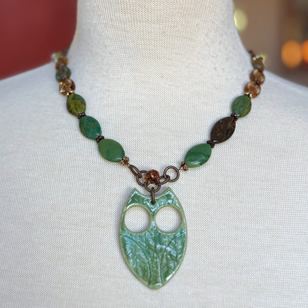 Winter Green Hoot Necklace - Handmade Artisan Porcelain Owl Antique Brass