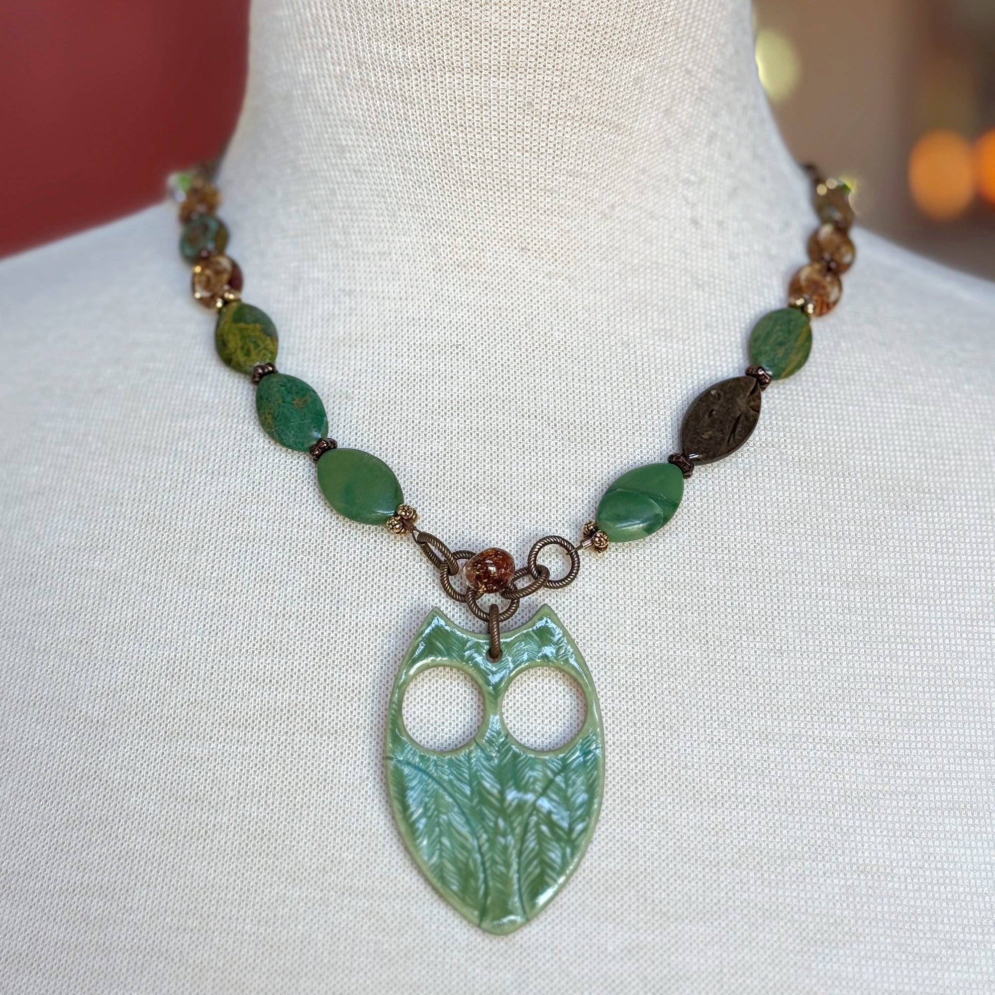 Winter Green Hoot Necklace - Handmade Artisan Porcelain Owl Antique Brass