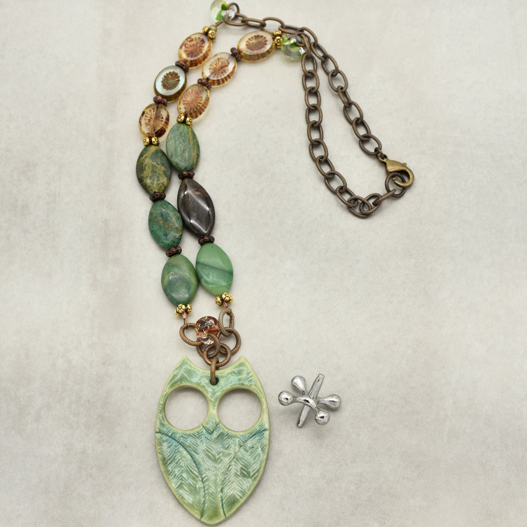 Winter Green Hoot Necklace - Handmade Artisan Porcelain Owl Antique Brass