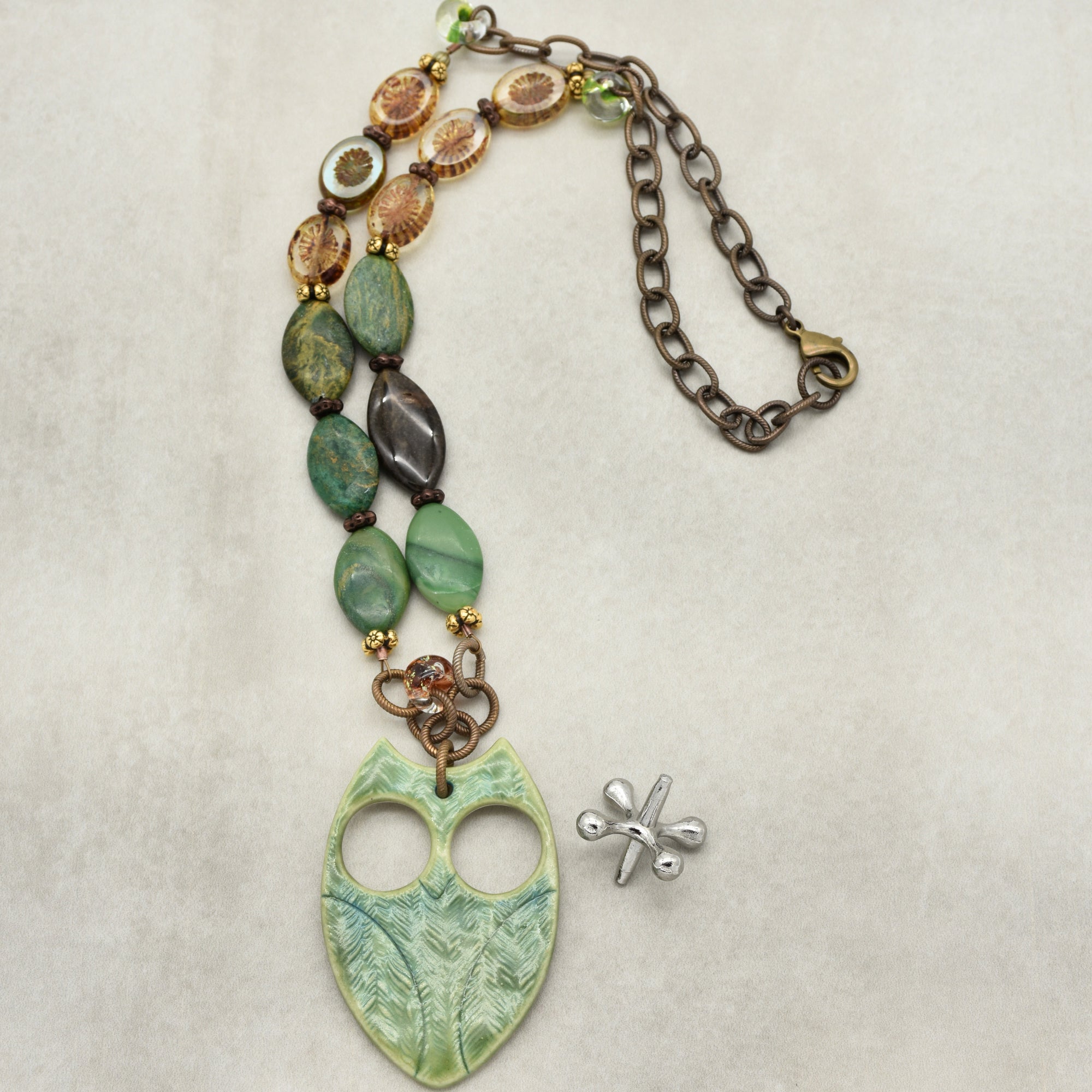 Winter Green Hoot Necklace - Handmade Artisan Porcelain Owl Antique Brass