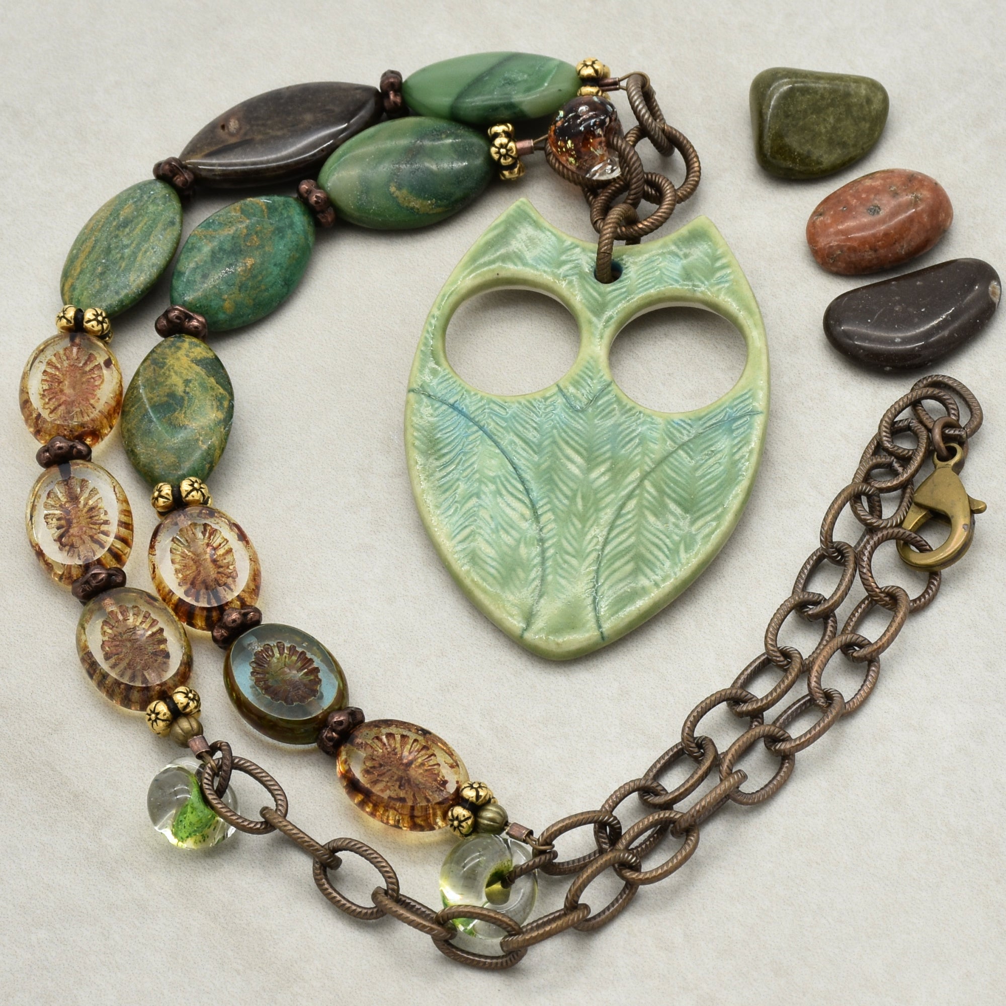 Winter Green Hoot Necklace - Handmade Artisan Porcelain Owl Antique Brass