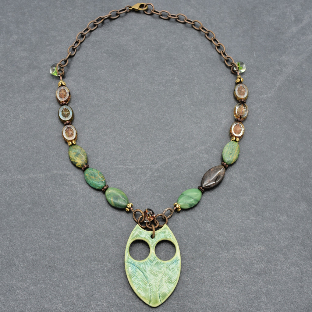 Winter Green Hoot Necklace - Handmade Artisan Porcelain Owl Antique Brass