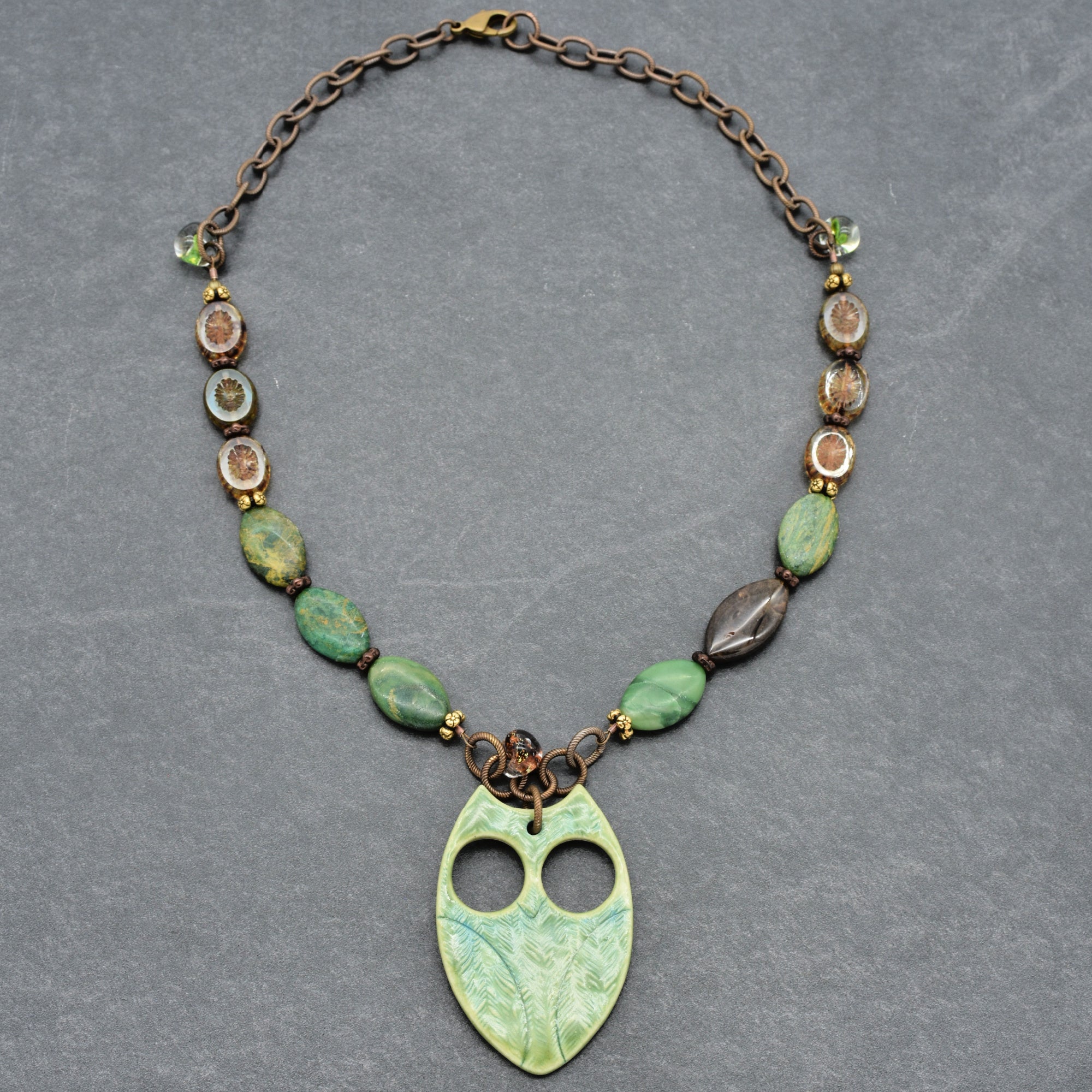 Winter Green Hoot Necklace - Handmade Artisan Porcelain Owl Antique Brass