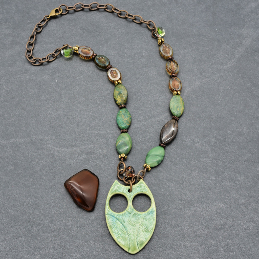 Winter Green Hoot Necklace - Handmade Artisan Porcelain Owl Antique Brass