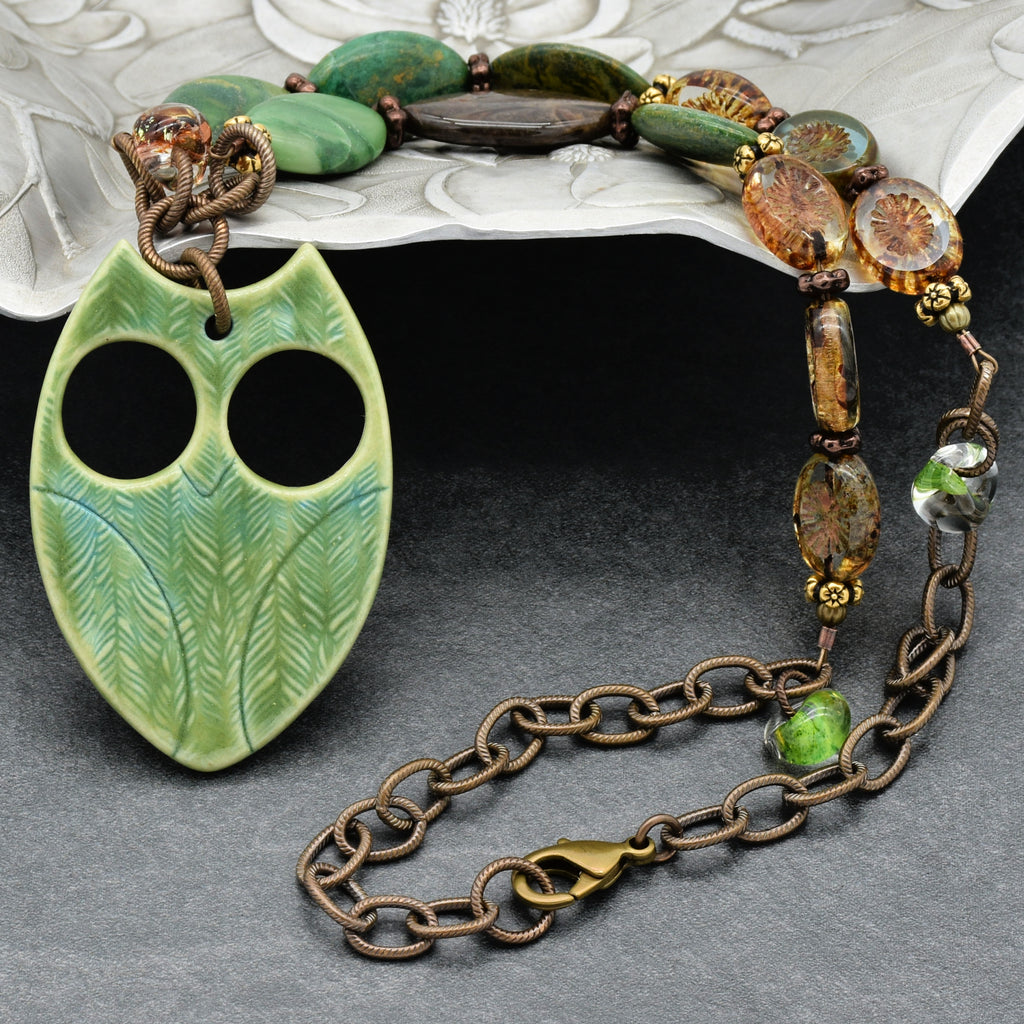 Winter Green Hoot Necklace - Handmade Artisan Porcelain Owl Antique Brass
