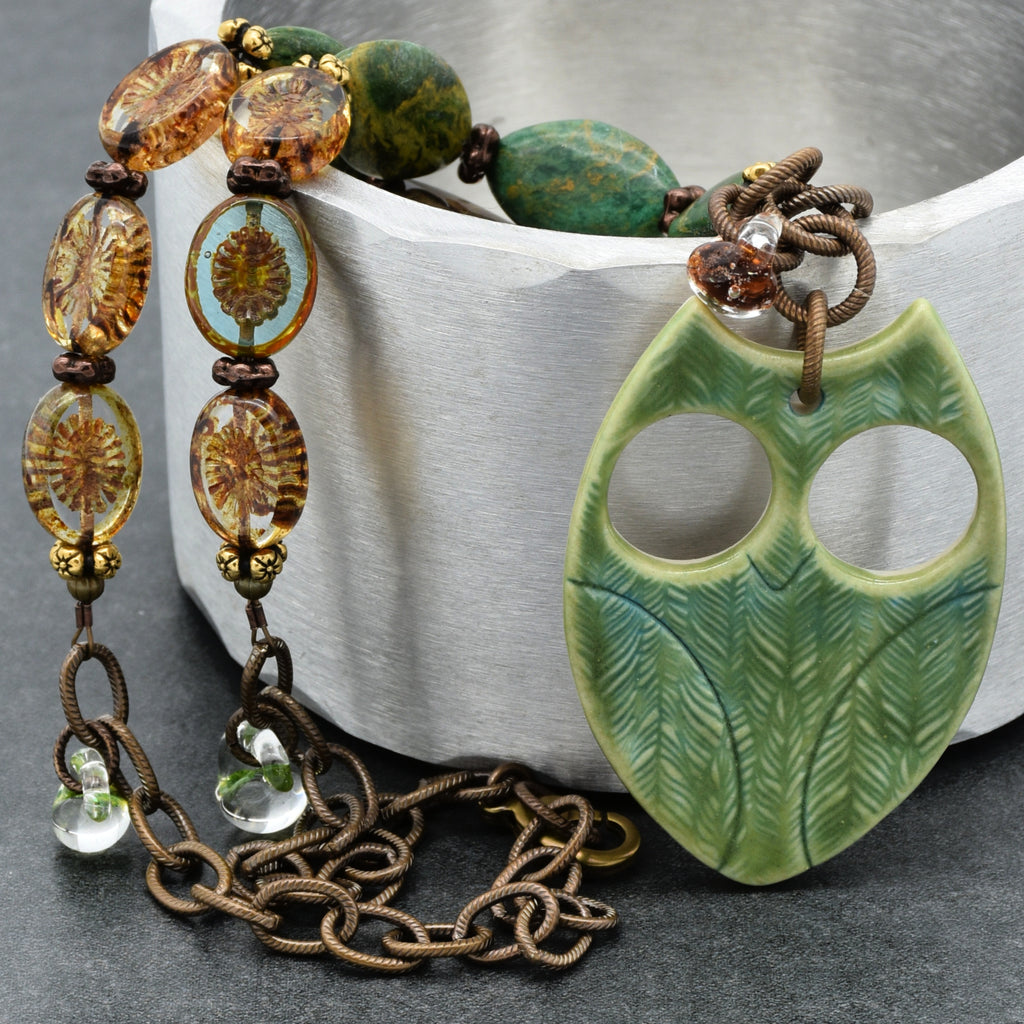Winter Green Hoot Necklace - Handmade Artisan Porcelain Owl Antique Brass