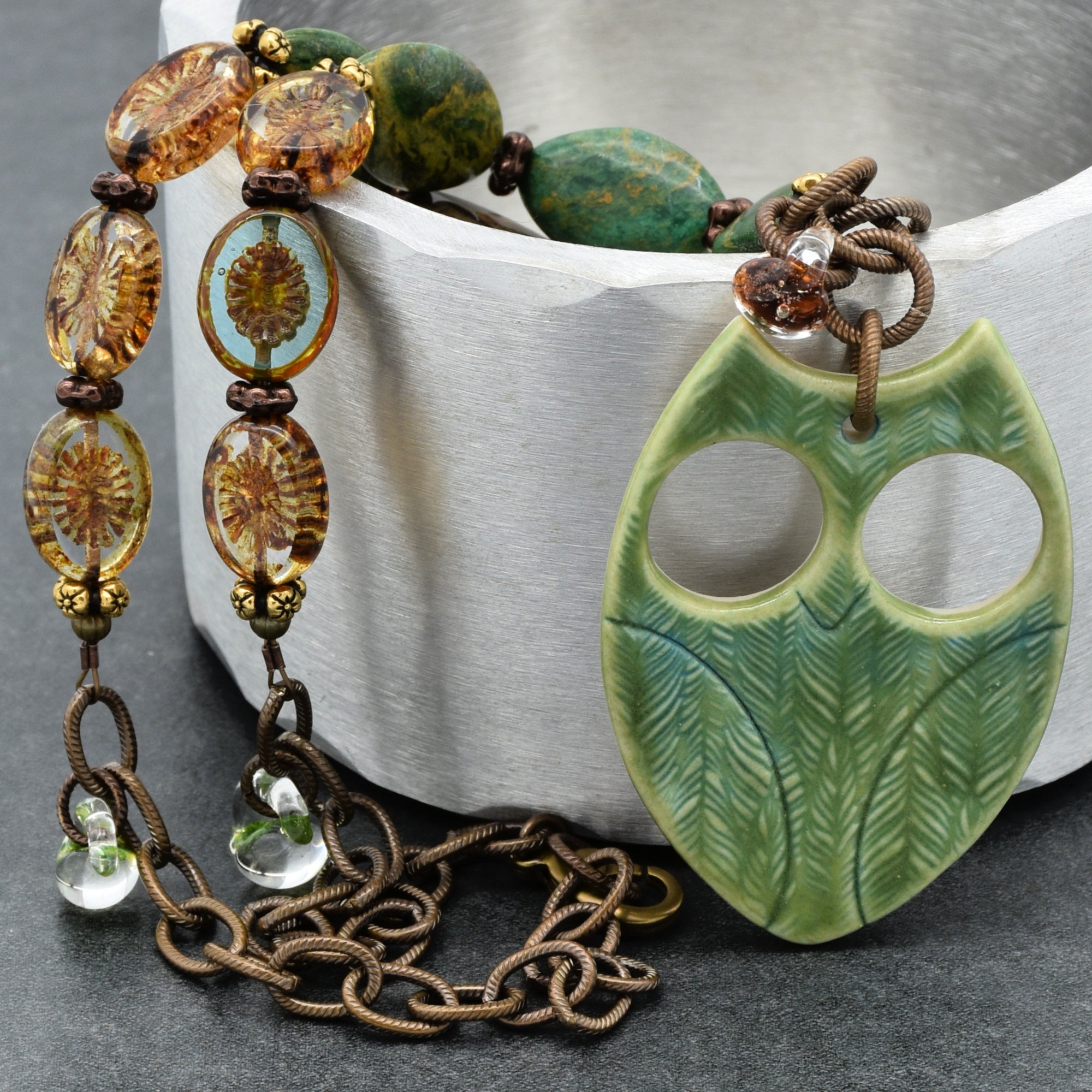 Winter Green Hoot Necklace - Handmade Artisan Porcelain Owl Antique Brass