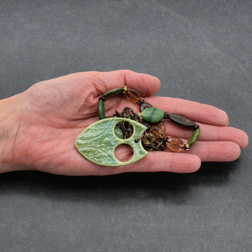 Winter Green Hoot Necklace - Handmade Artisan Porcelain Owl Antique Brass