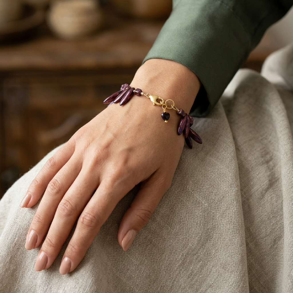 Hand wearing a bracelet with purple charms on a neutral background