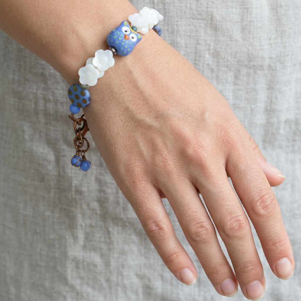 Periwinkle Hootie Bracelet - Artisan Polymer Clay Owl and Czech Glass | Handmade Jewelry | Ruby Acorn