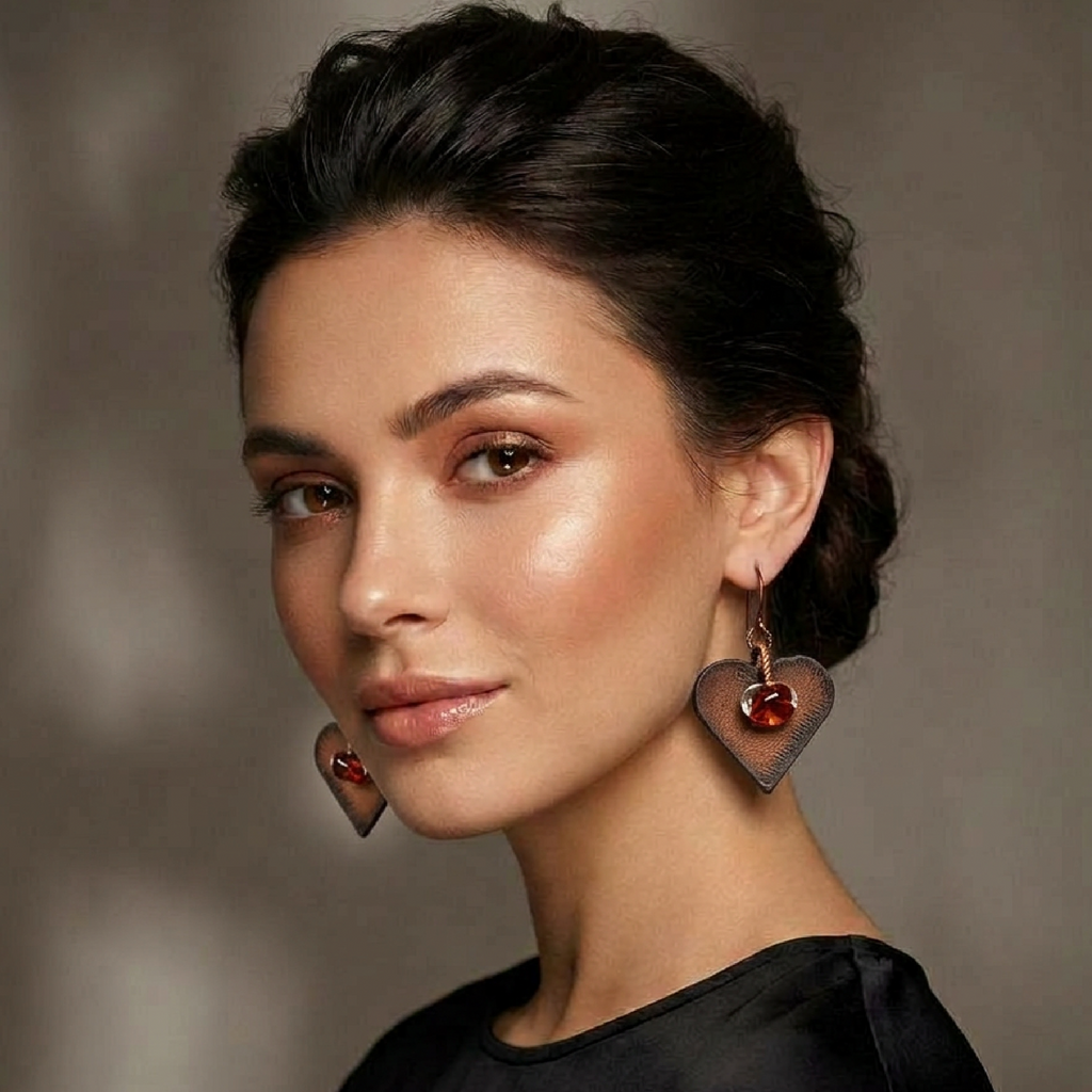 Woman wearing heart-shaped earrings with a blurred background