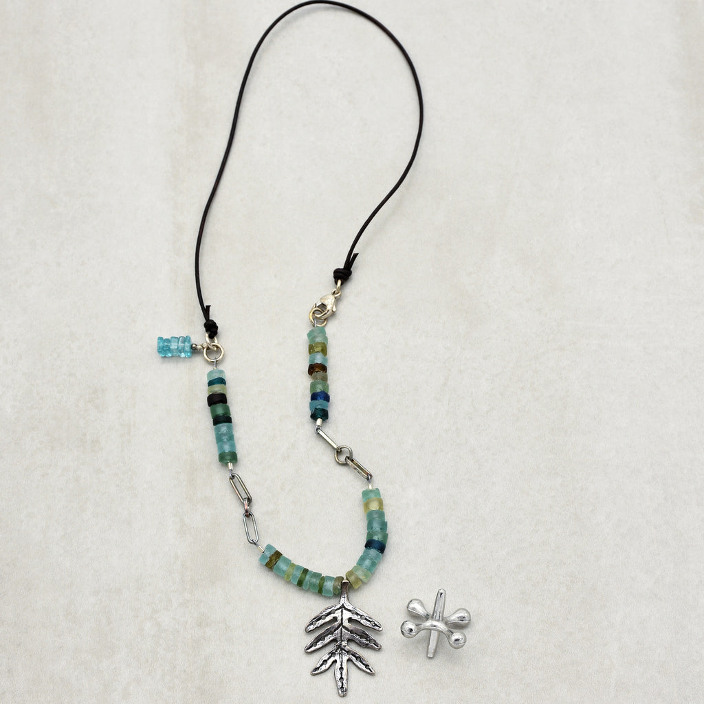 Ancient Roman Glass Handmade Beaded Necklace. Sterling Silver and Aqua Blue Roman Glass