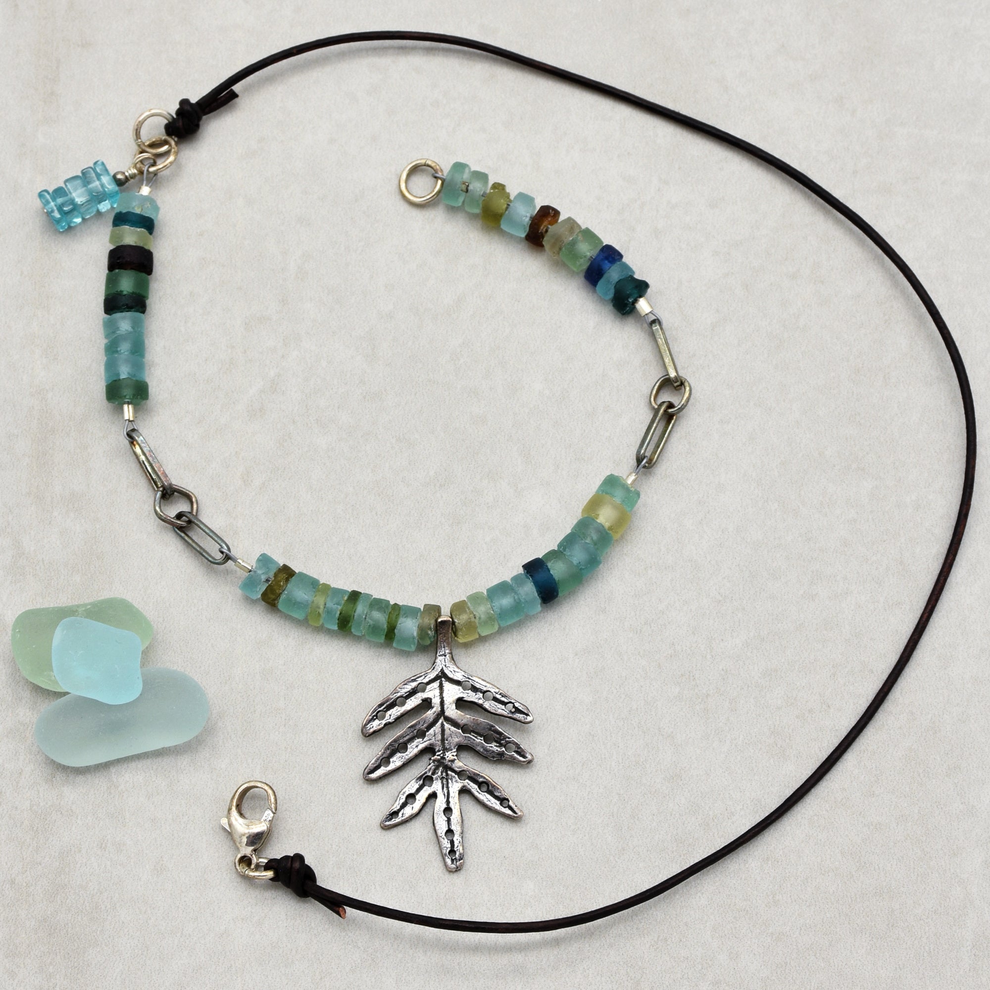 Ancient Roman Glass Handmade Beaded Necklace. Sterling Silver and Aqua Blue Roman Glass