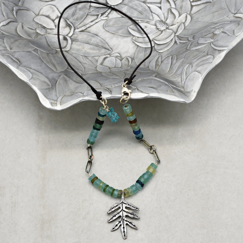 Ancient Roman Glass Handmade Beaded Necklace. Sterling Silver and Aqua Blue Roman Glass