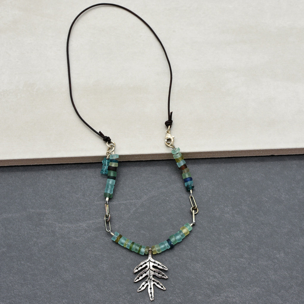 Ancient Roman Glass Handmade Beaded Necklace. Sterling Silver and Aqua Blue Roman Glass