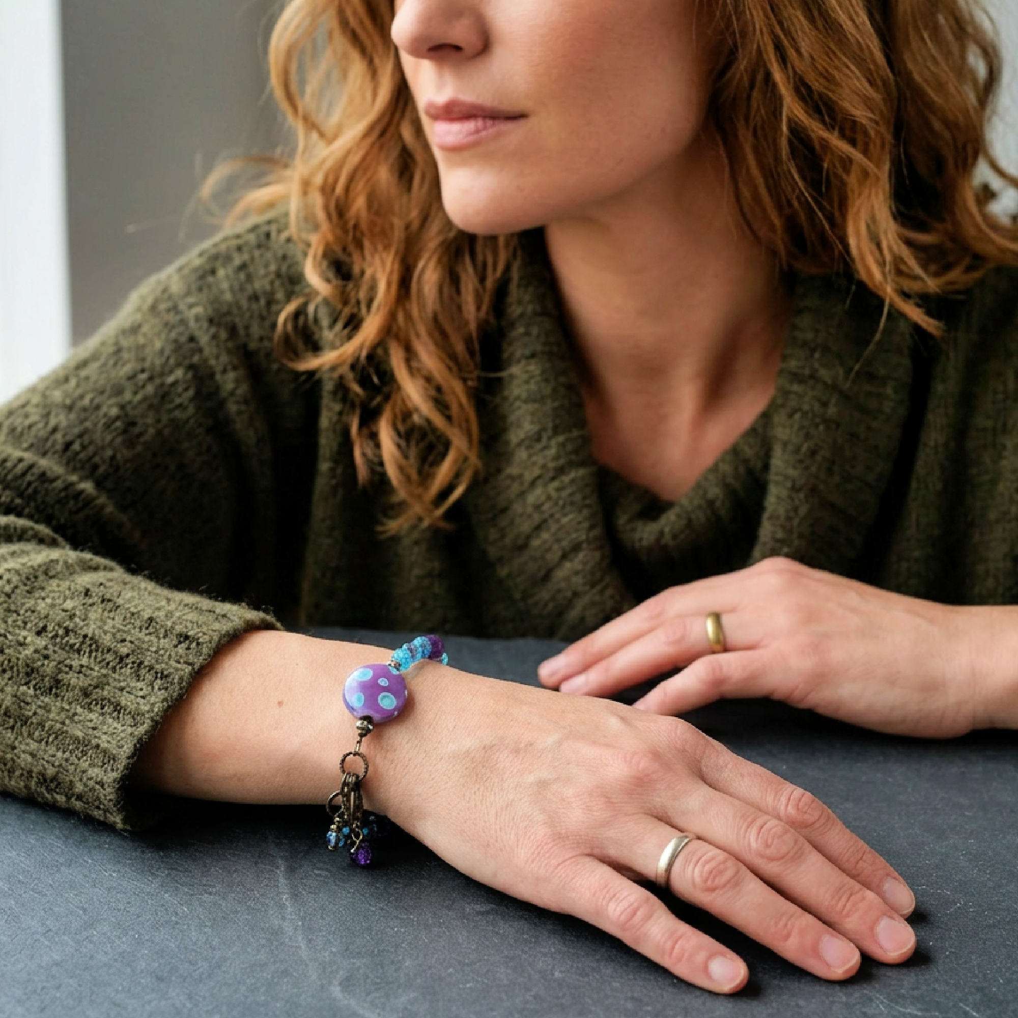 Aqua Blue and Purple Polka Dotted Handmade Beaded Bracelet - Artisan Lampwork Glass and Czech Glass