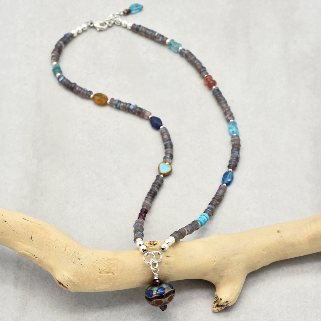 Athena Handmade Beaded Necklace. Artisan Lampwork Glass, Labradorite, Turquoise, Garnet, Sterling Silver