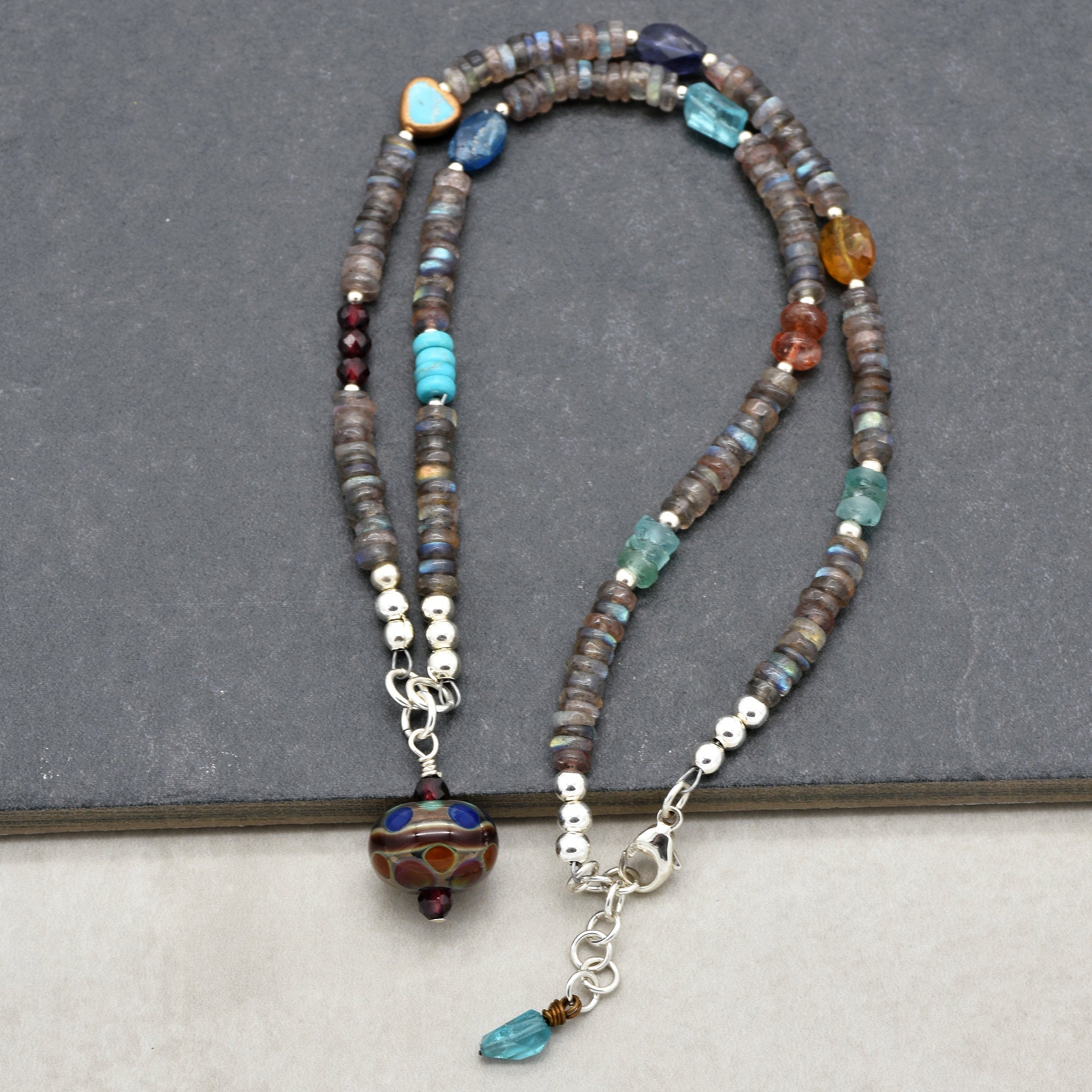 Athena Handmade Beaded Necklace. Artisan Lampwork Glass, Labradorite, Turquoise, Garnet, Sterling Silver