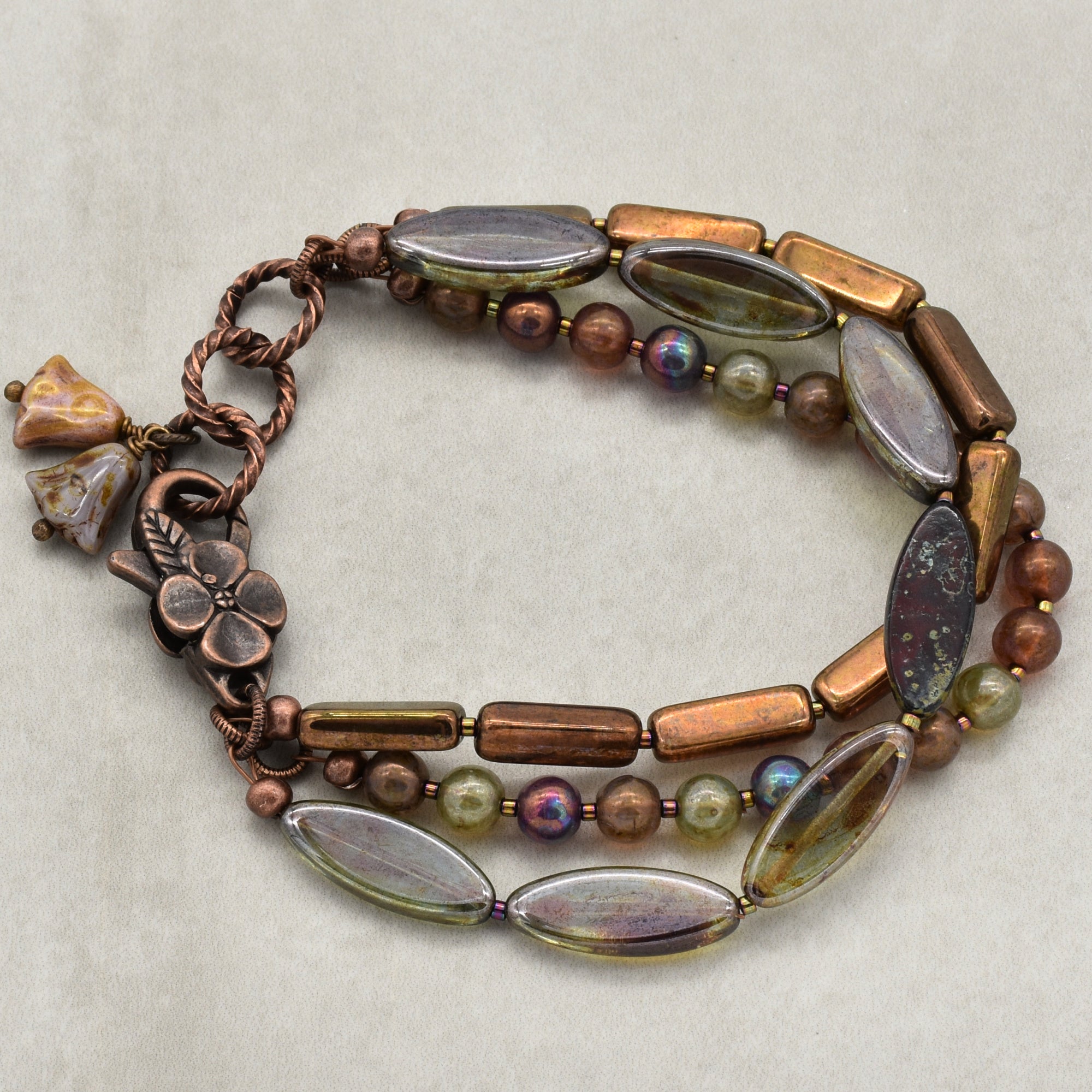 Autumn Kiss Triple Strand Handmade Bracelet, With Bronze, Purple, Russet, Olive Green Czech Glass Beads