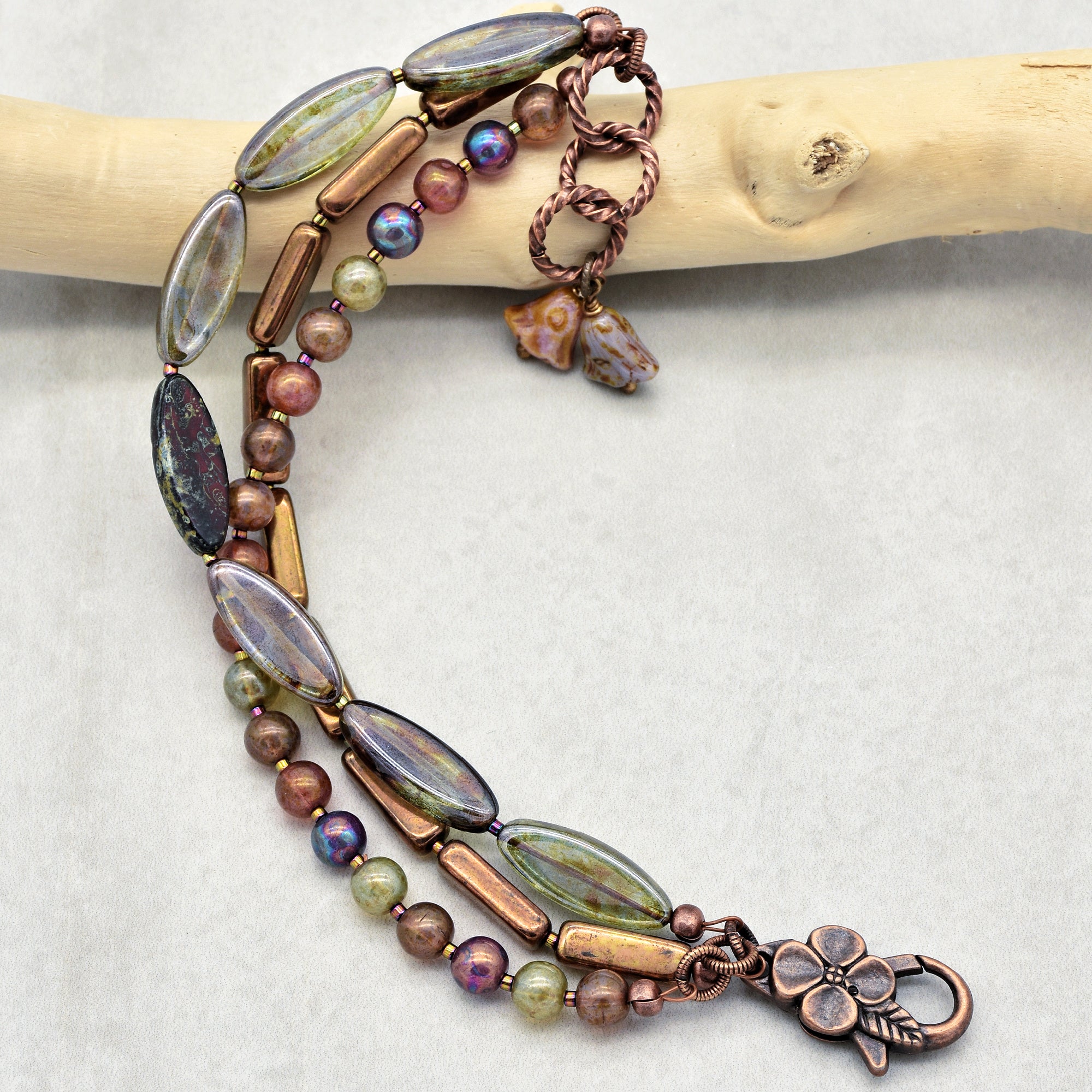 Autumn Kiss Triple Strand Handmade Bracelet, With Bronze, Purple, Russet, Olive Green Czech Glass Beads