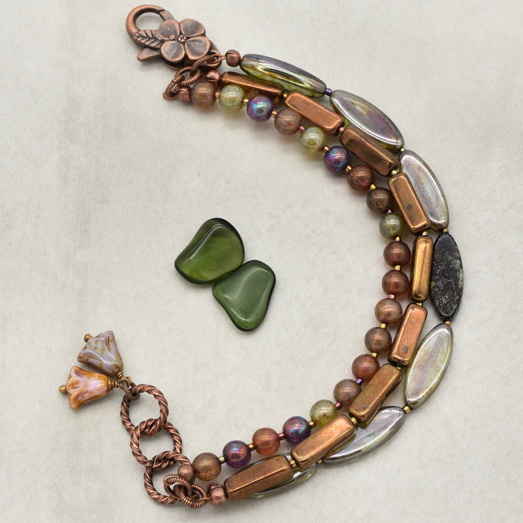 Autumn Kiss Triple Strand Handmade Bracelet, With Bronze, Purple, Russet, Olive Green Czech Glass Beads