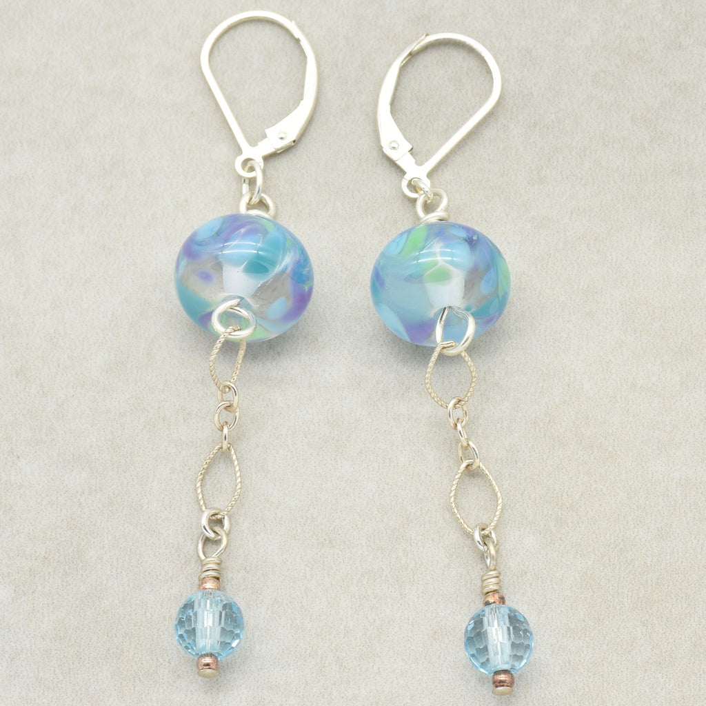 Baby Blue Handmade Dangle Earrings, Artisan Lampwork Glass, Sterling Silver, Blue Topaz