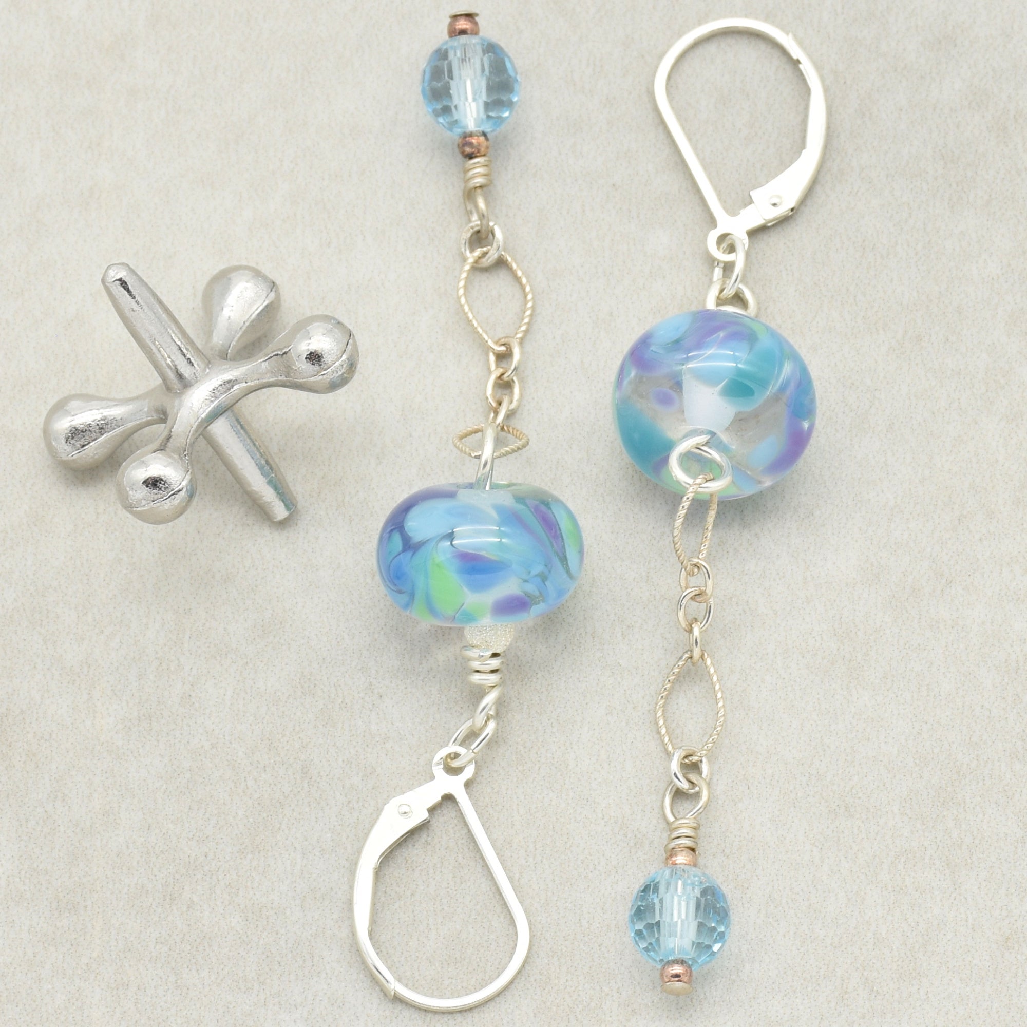 Baby Blue Handmade Dangle Earrings, Artisan Lampwork Glass, Sterling Silver, Blue Topaz