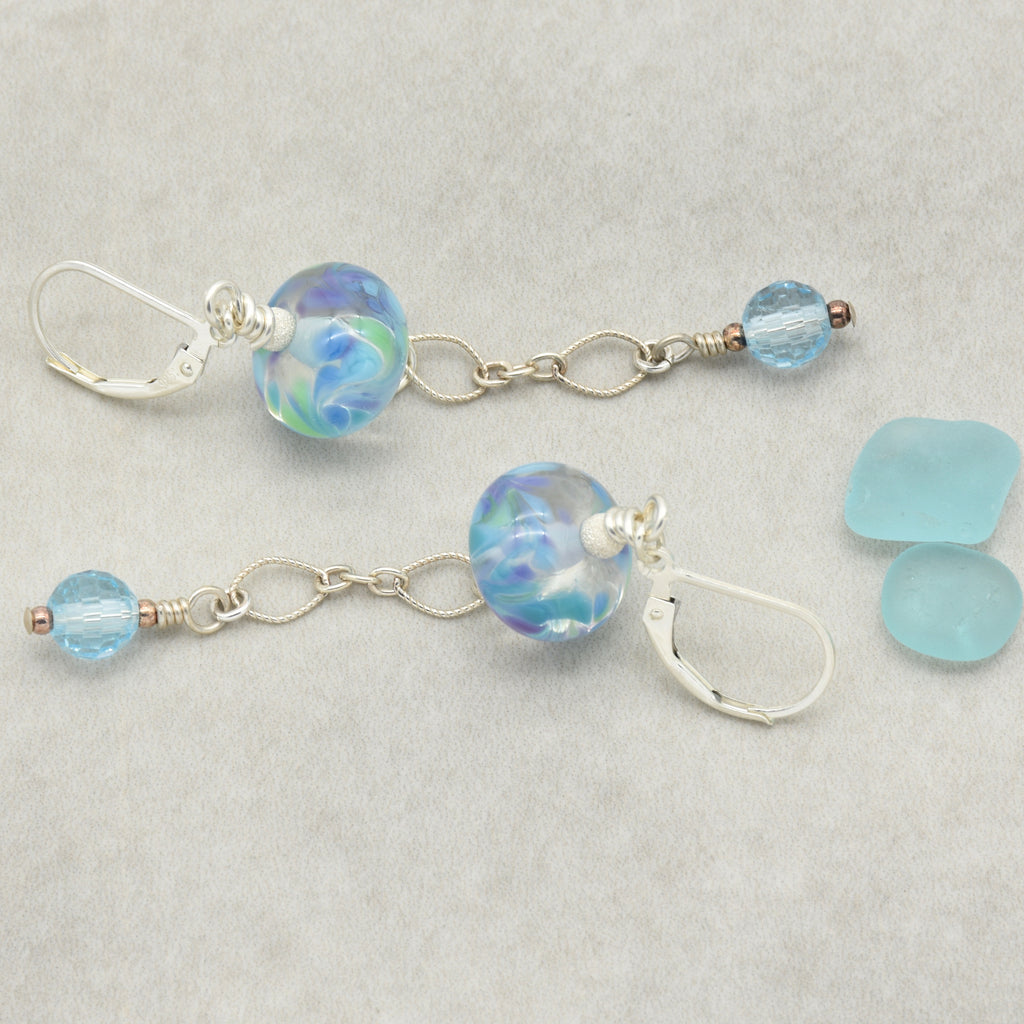 Baby Blue Handmade Dangle Earrings, Artisan Lampwork Glass, Sterling Silver, Blue Topaz