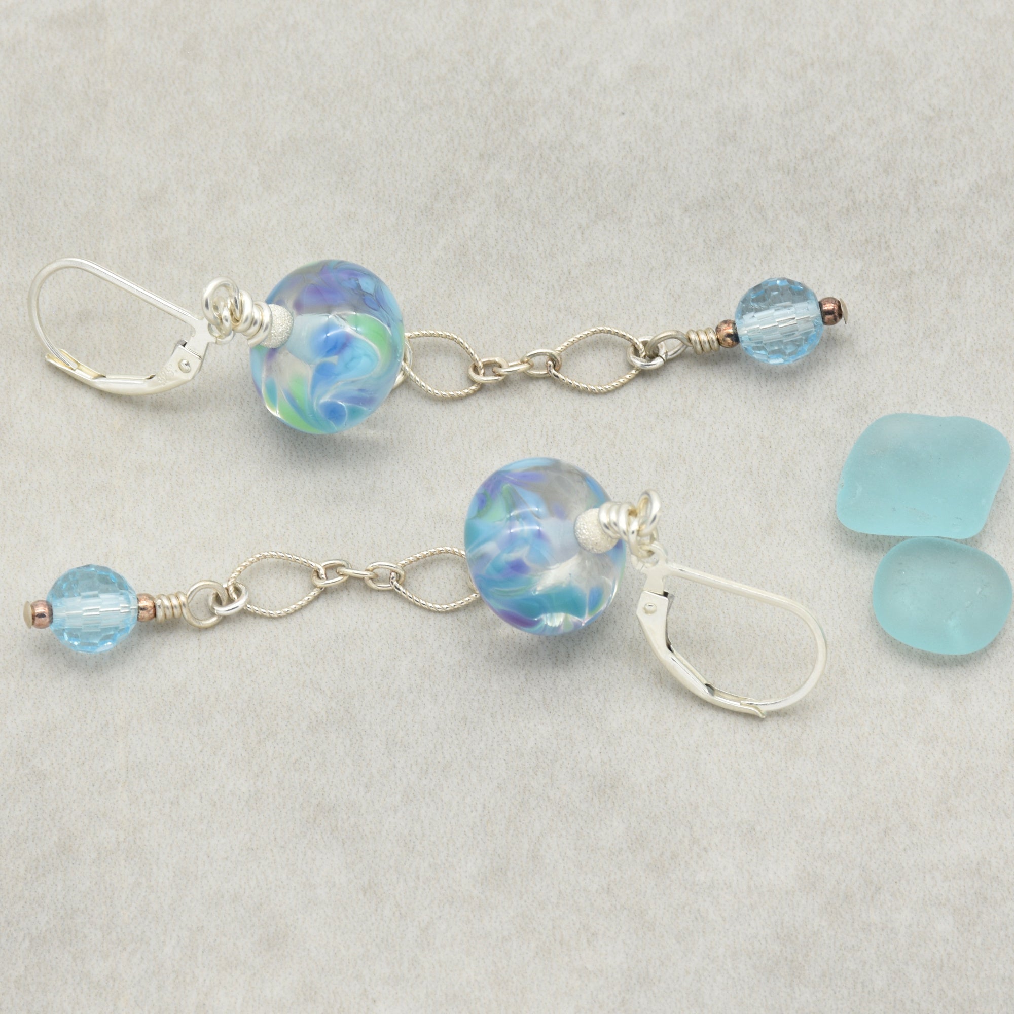 Baby Blue Handmade Dangle Earrings, Artisan Lampwork Glass, Sterling Silver, Blue Topaz