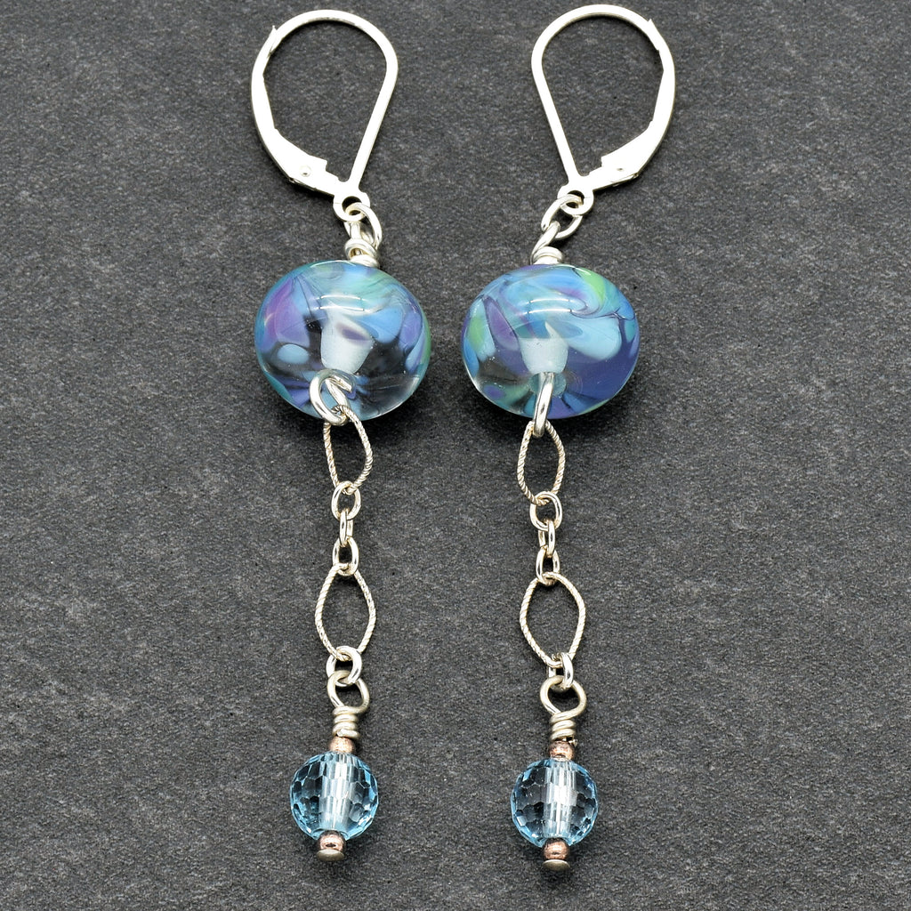 Baby Blue Handmade Dangle Earrings, Artisan Lampwork Glass, Sterling Silver, Blue Topaz