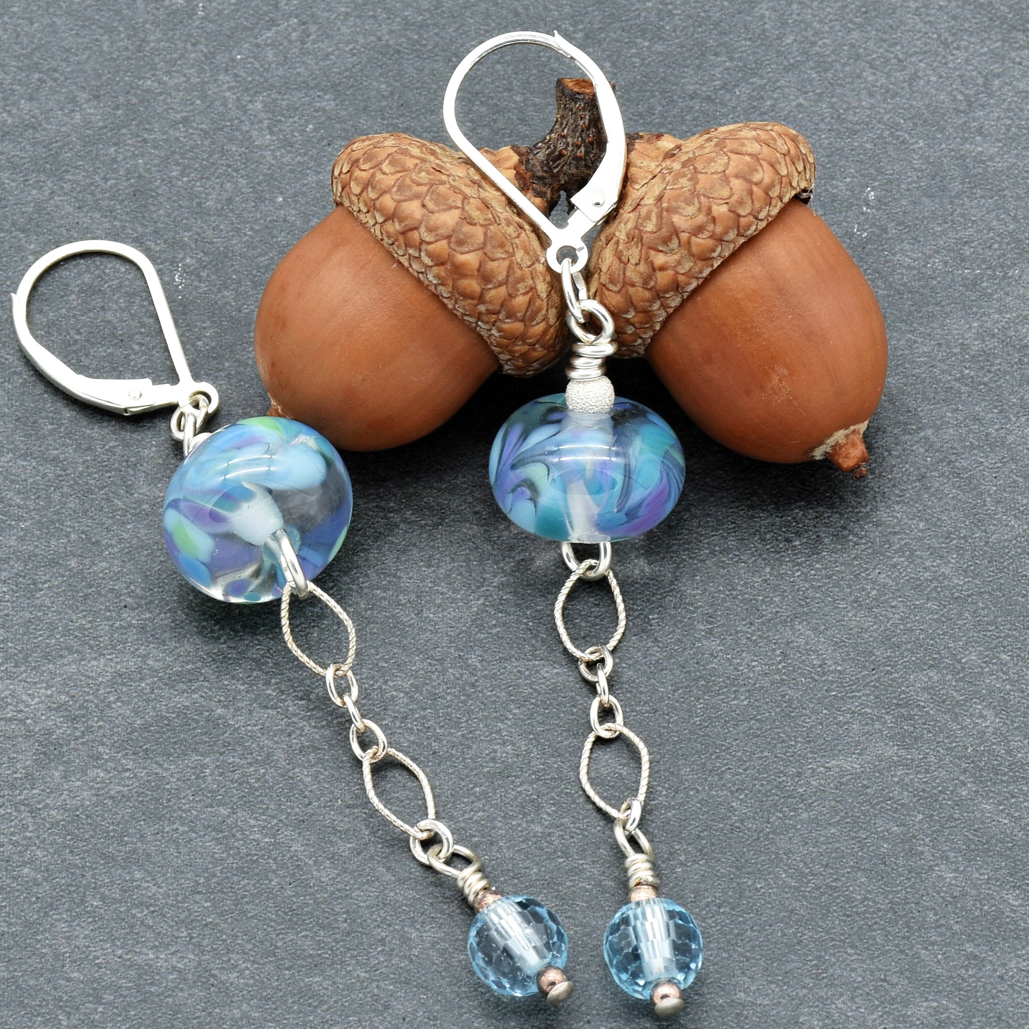 Baby Blue Handmade Dangle Earrings, Artisan Lampwork Glass, Sterling Silver, Blue Topaz