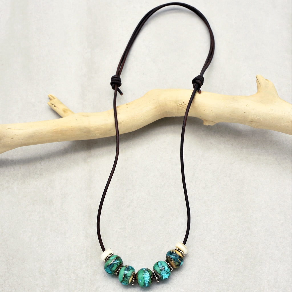 Beach Glass Handmade Adjustable Statement Necklace with Aqua Artisan Lampwork Glass, Sterling Silver and Chocolate Leather Cord
