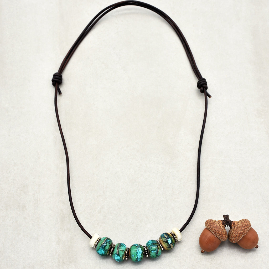 Beach Glass Handmade Adjustable Statement Necklace with Aqua Artisan Lampwork Glass, Sterling Silver and Chocolate Leather Cord