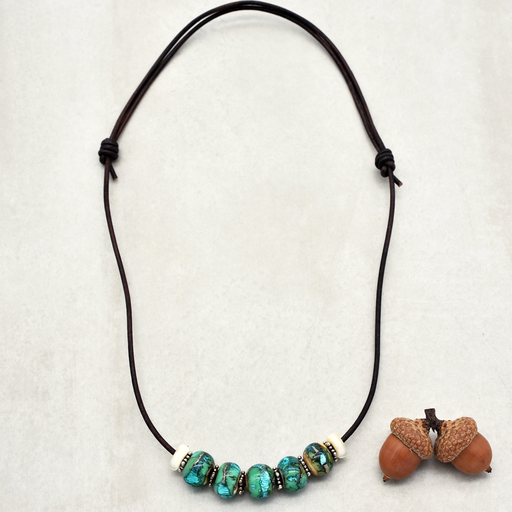 Beach Glass Handmade Adjustable Statement Necklace with Aqua Artisan Lampwork Glass, Sterling Silver and Chocolate Leather Cord
