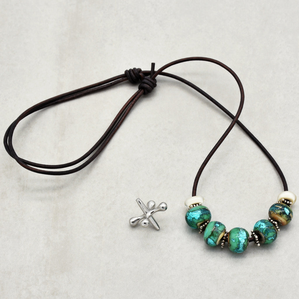 Beach Glass Handmade Adjustable Statement Necklace with Aqua Artisan Lampwork Glass, Sterling Silver and Chocolate Leather Cord