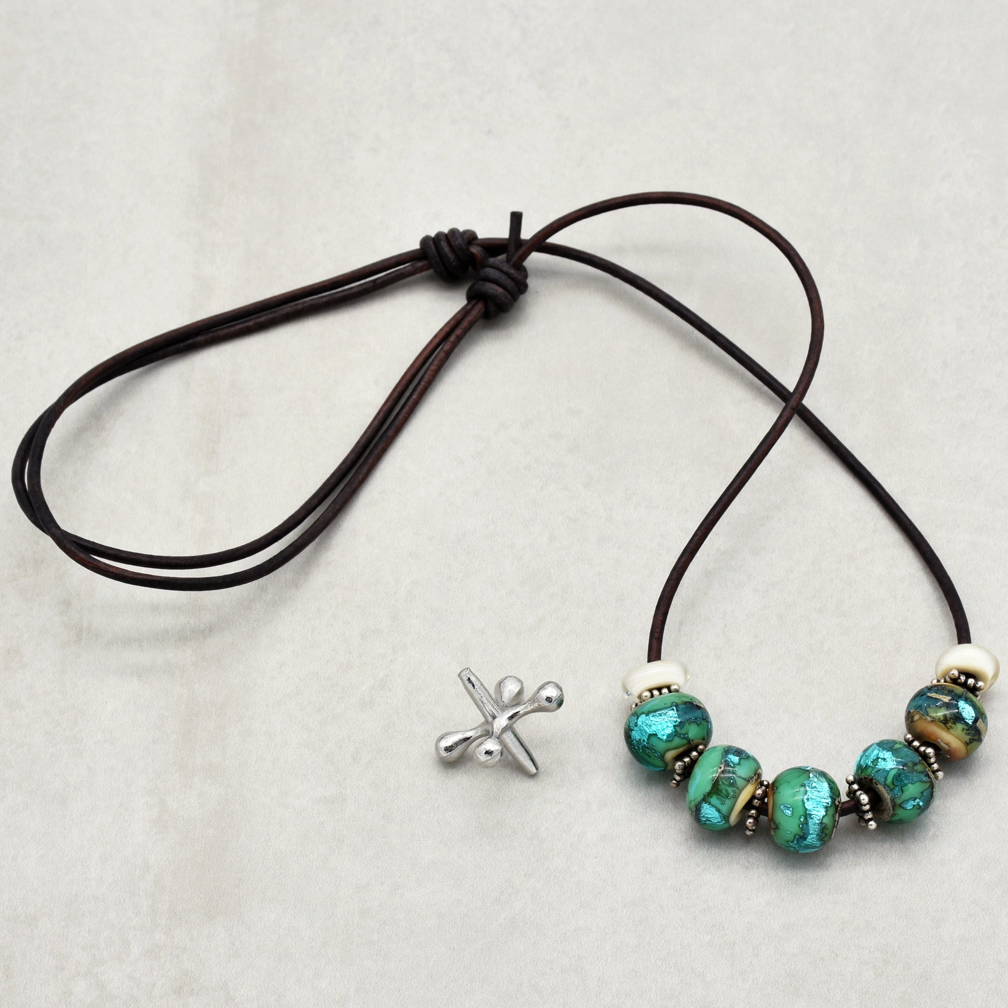 Beach Glass Handmade Adjustable Statement Necklace with Aqua Artisan Lampwork Glass, Sterling Silver and Chocolate Leather Cord