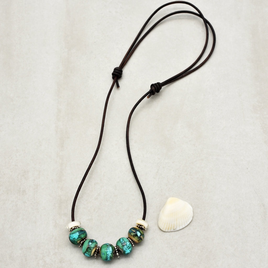 Beach Glass Handmade Adjustable Statement Necklace with Aqua Artisan Lampwork Glass, Sterling Silver and Chocolate Leather Cord