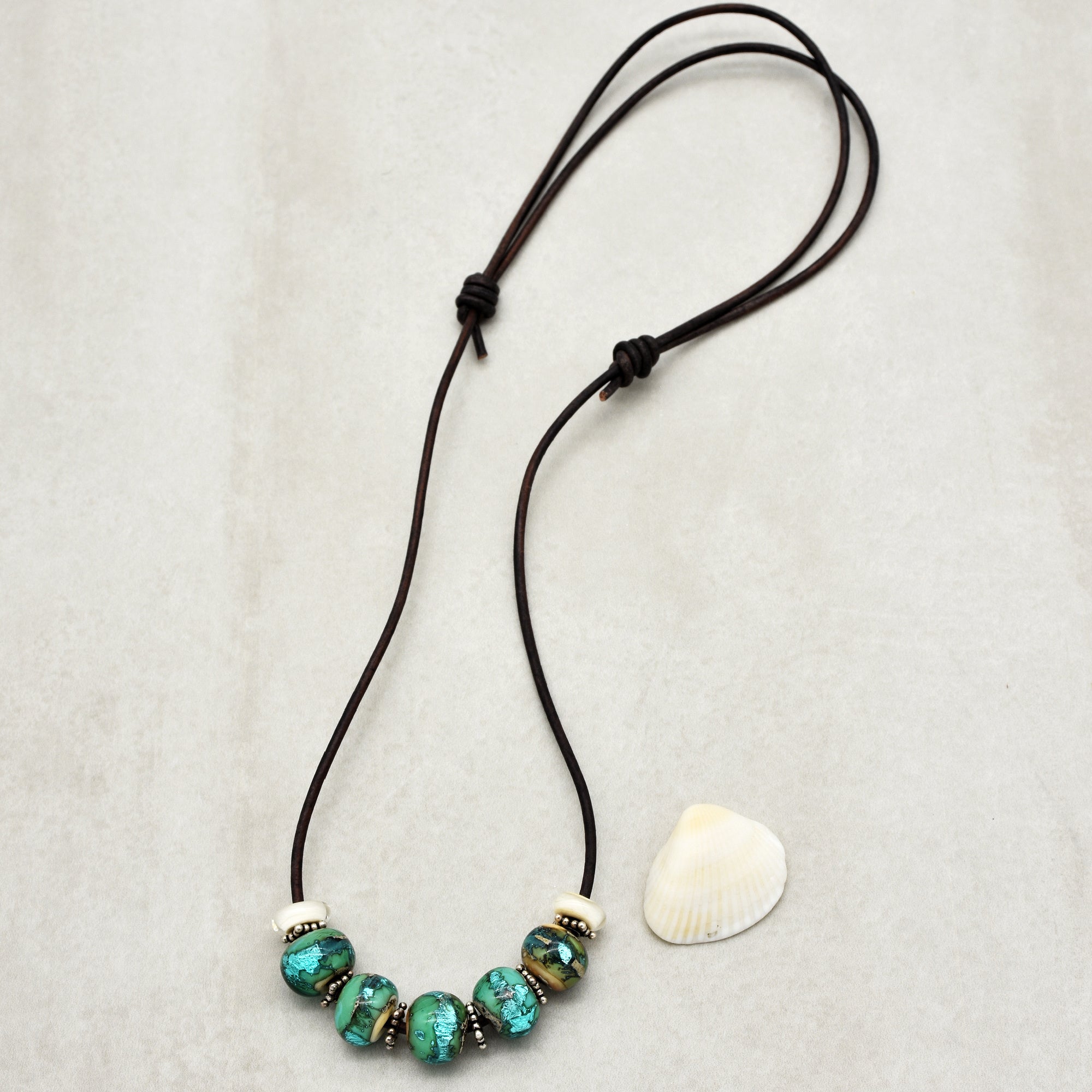 Beach Glass Handmade Adjustable Statement Necklace with Aqua Artisan Lampwork Glass, Sterling Silver and Chocolate Leather Cord