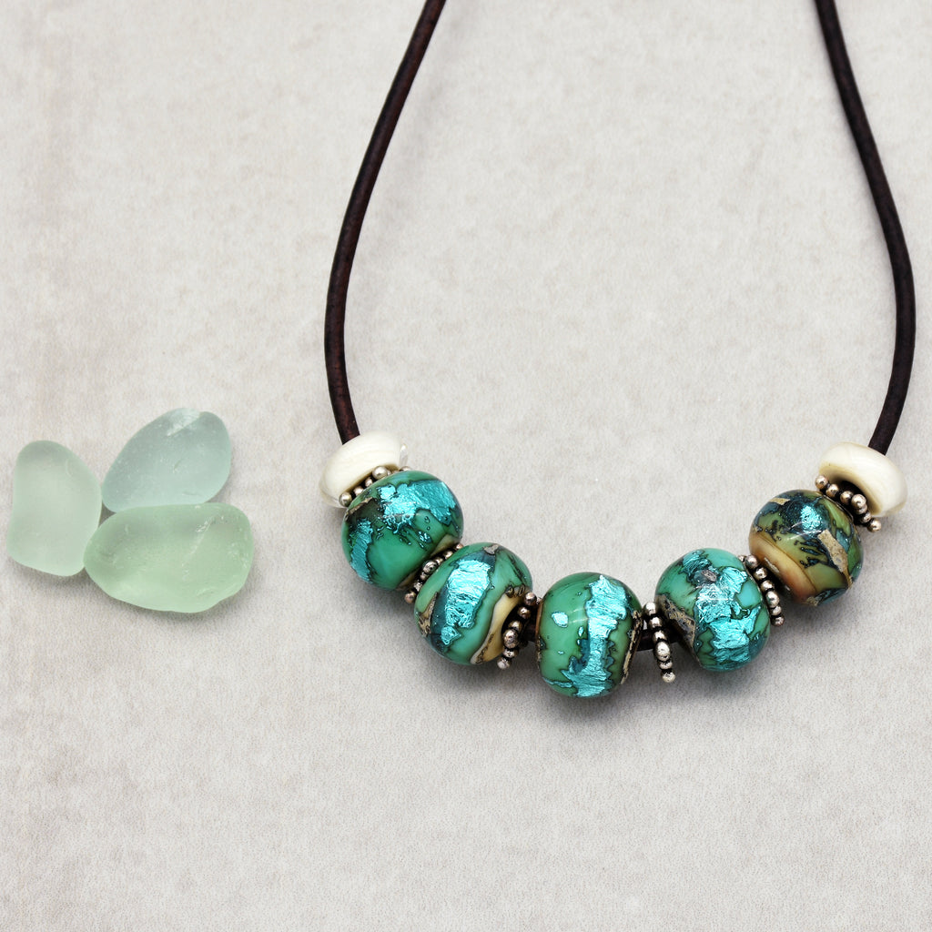 Beach Glass Handmade Adjustable Statement Necklace with Aqua Artisan Lampwork Glass, Sterling Silver and Chocolate Leather Cord