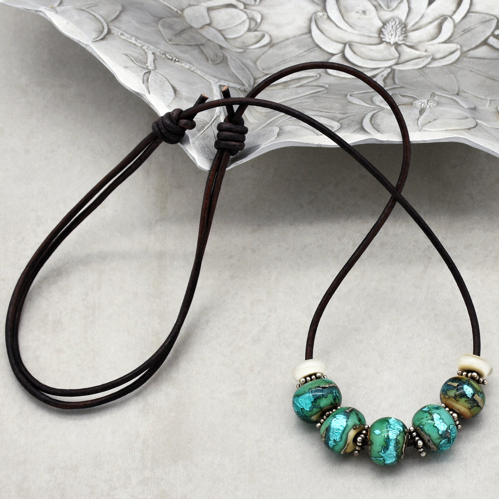 Beach Glass Handmade Adjustable Statement Necklace with Aqua Artisan Lampwork Glass, Sterling Silver and Chocolate Leather Cord